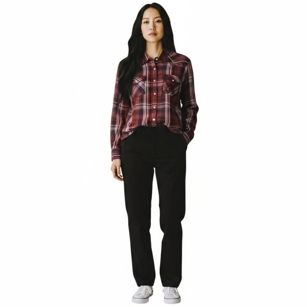 Wrangler Retro Womens Red Plaid Pearl Snap Flannel Shirt XXL Western Embroidery